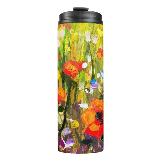 Garrafa Térmica Pintura de Abstrato de Campo de Poppies Vermelhos (Frente)