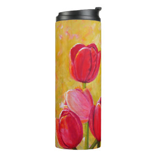 Garrafa Térmica Pintura de montagem de tulipas rosa e vermelha