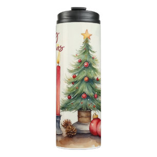 Garrafa Térmica Pintura Festiva de Natal com Vela em Aquarela