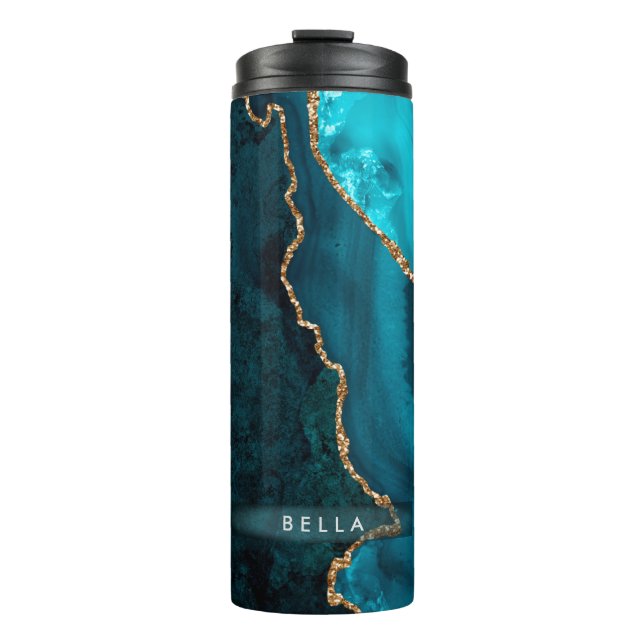 Garrafa Térmica PixDezines ACRÍLICO EM ÁGUA TEAL ÁGATA OURO FALSO (Frente)