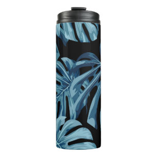 Garrafa Térmica Planta de Monstera: padrão das folhas azuis.