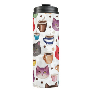 Garrafa Térmica Playful Cat and Coffee Doodle Pattern