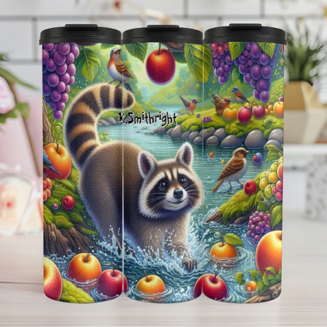Garrafa Térmica Playful Raccoon no Rio de Fruta (Criador carregado)