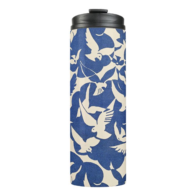 Garrafa Térmica Pombos em Branco e Azul (Frente)