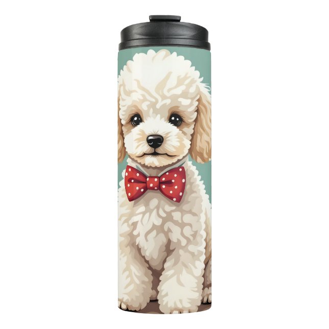 Garrafa Térmica Poodle branco adorável com gravata borboleta (Frente)
