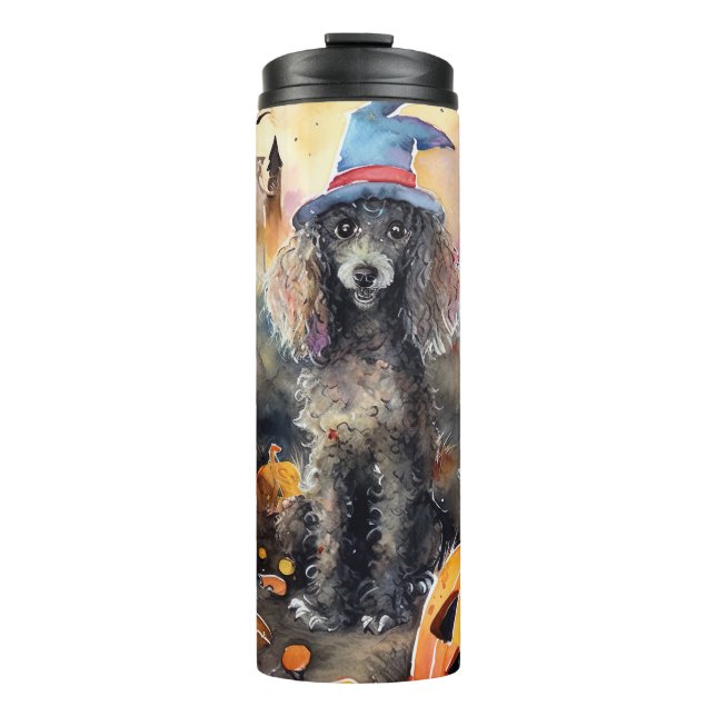 Garrafa Térmica Poodle de Halloween com Abóboras Assustadoras (Frente)