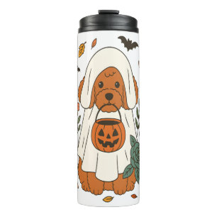 Garrafa Térmica Poodle de Halloween com Flores de Outono
