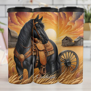 Garrafa Térmica Pôr do sol no campo de trigo com cavalo preto