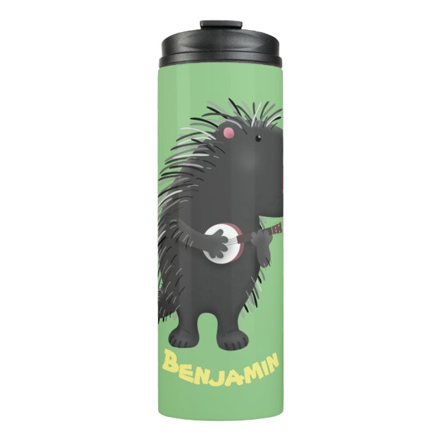 Garrafa Térmica Porcupine engraçado bonito tocando cartum banjo (Frente)