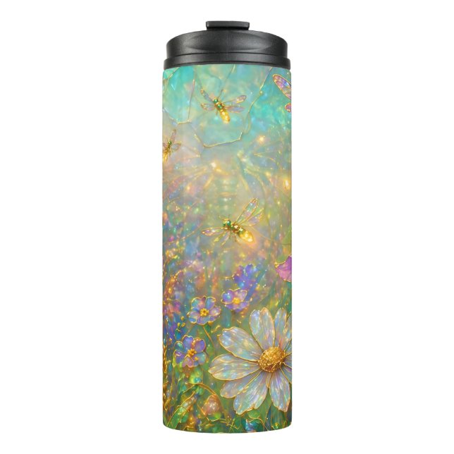 Garrafa Térmica Prado de Flores Silvestres com Libélulas Brilhante (Frente)