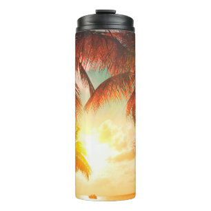Garrafa Térmica Praia sunset com palmeiras e belas planícies do c
