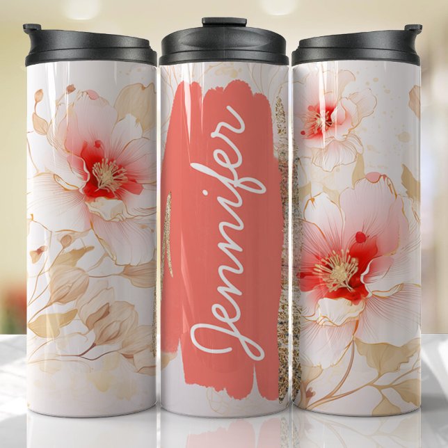Garrafa Térmica Presente Personalizada Floral de Pêssego de Adição (Floral Personalized Tumbler)