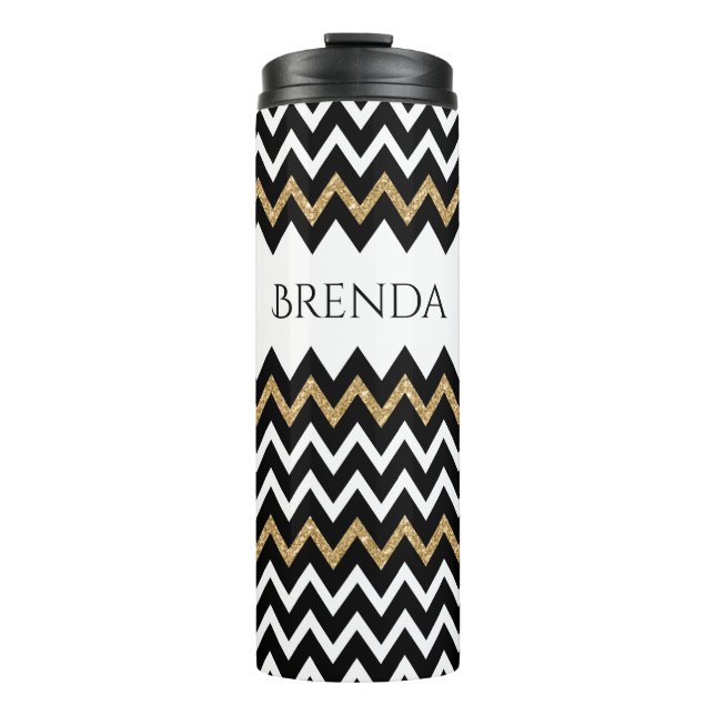 Garrafa Térmica Preto branco * Dourado padrão Glitter Chevron (Frente)