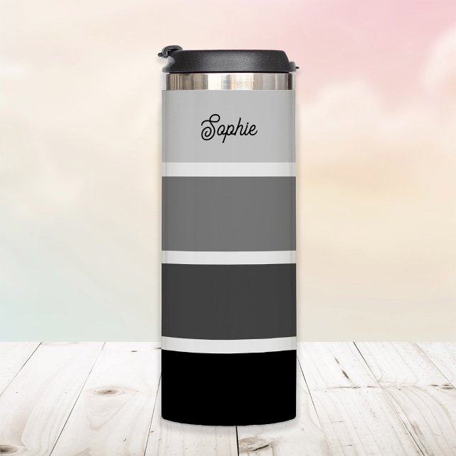 Garrafa Térmica Preto e Cinza | Estirpes de Mão com Escuro (A stylish tumbler with neutral black and gray ombre stripes)