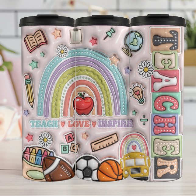 Garrafa Térmica Professor: Arco-Íris, Amor, Inspiração, Aprende (Criador carregado)