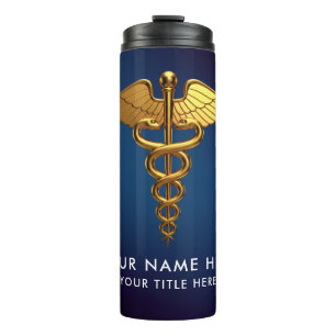 Garrafa Térmica Profissional Caduceu Dourado Azul Marinho Médico