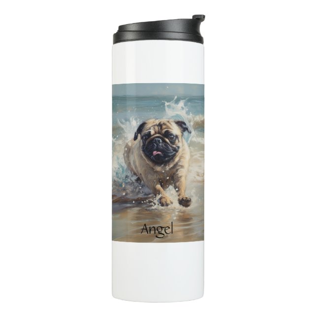 Garrafa Térmica Pug Feliz na Praia personalizável (Giro à esquerda)
