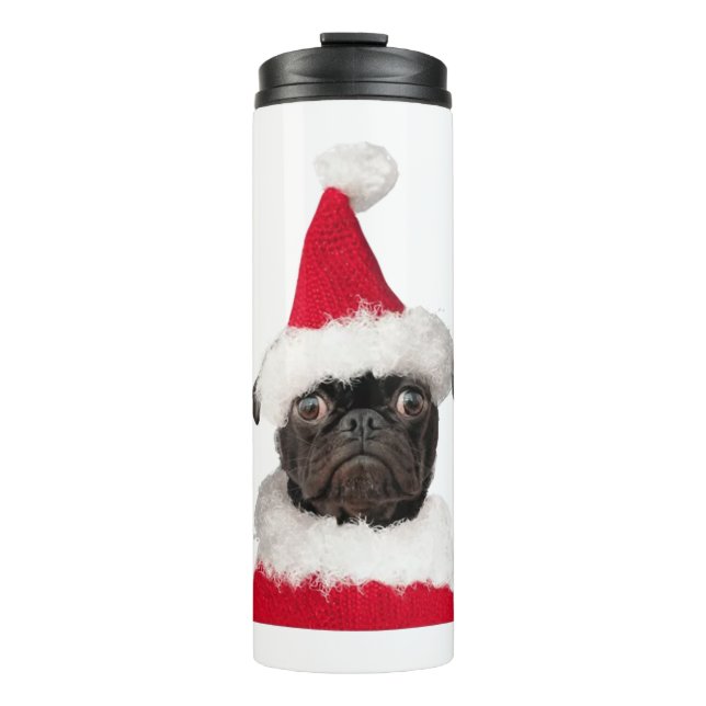 Garrafa Térmica Pug preto giro no Natal Santa Hat (Frente)
