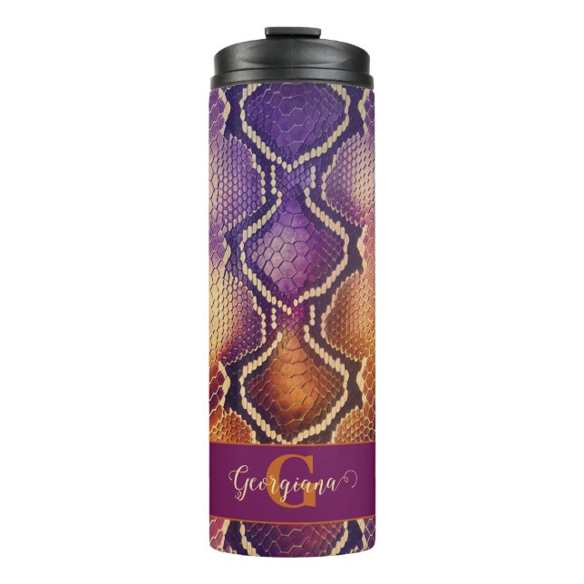 Garrafa Térmica Púrpura e Púrpura e Pele Cobra de Shimmering Doura (Frente)