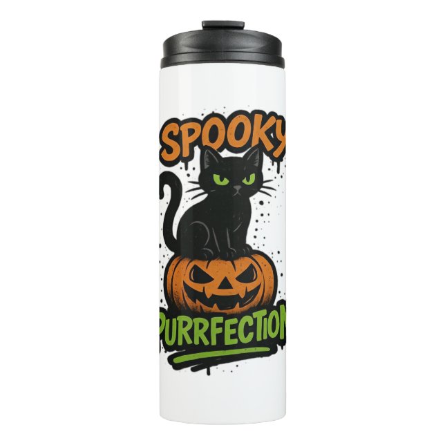 Garrafa Térmica Pursão Spooky - Gato Preto Cuto em Pumpkin Hal (Frente)