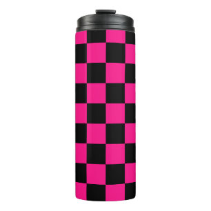 Garrafa Térmica Quadrados verificados retro geométrico preto-rosa-