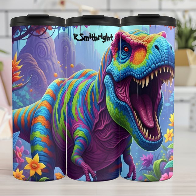 Garrafa Térmica Rainbow Striped T-Rex Roaring Jungle (Criador carregado)
