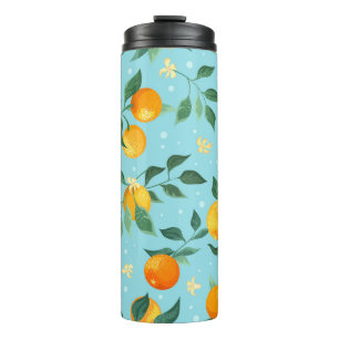 Garrafa Térmica Ramais de laranjas com flores em fundo azul