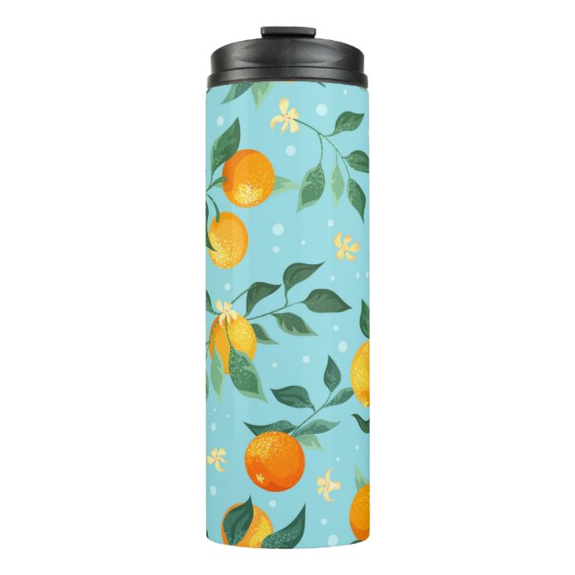 Garrafa Térmica Ramais de laranjas com flores em fundo azul (Frente)