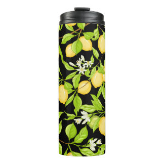 Garrafa Térmica Ramal da árvore limão com limões, flores e folhas.