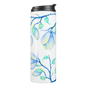 Garrafa Térmica Ramo de Magnólia em Aquarela Azul Verde Botânico