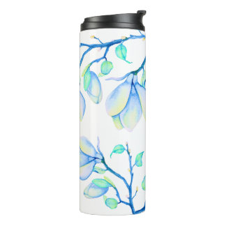 Garrafa Térmica Ramo de Magnólia em Aquarela Azul Verde Botânico