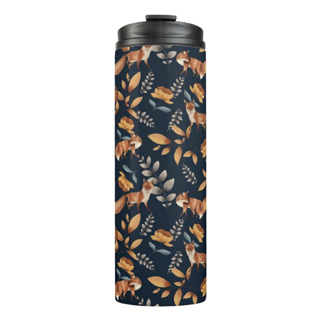 Garrafa Térmica Raposa e verde de animais da floresta em preto (Frente)