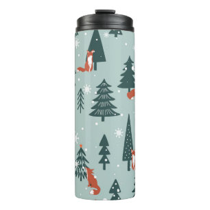 Garrafa Térmica Raposas, abetos, neve, puxadas à mão. Costela co