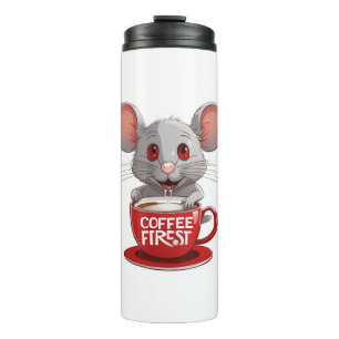 Garrafa Térmica Rato Adorável com Cafeína em Caneca Vermelha