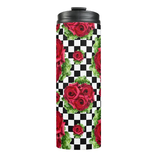 Garrafa Térmica Red Roses Bouquet Floral Love Rockabilly Checkered (Frente)