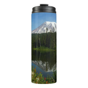 Garrafa Térmica Reflexo do Lago Monte Rainier com Flores Silvestre