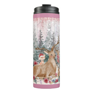 Garrafa Térmica Reindeer de Aquarela Rosa, Snowman Feliz Natal