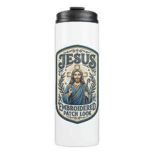 Garrafa Térmica Remendo Bordado Jesus Olhe Remendo Bordado Jesus