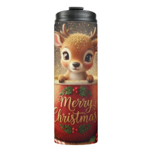 Garrafa Térmica Rena adorável em uma Caneca Alegre de Natal