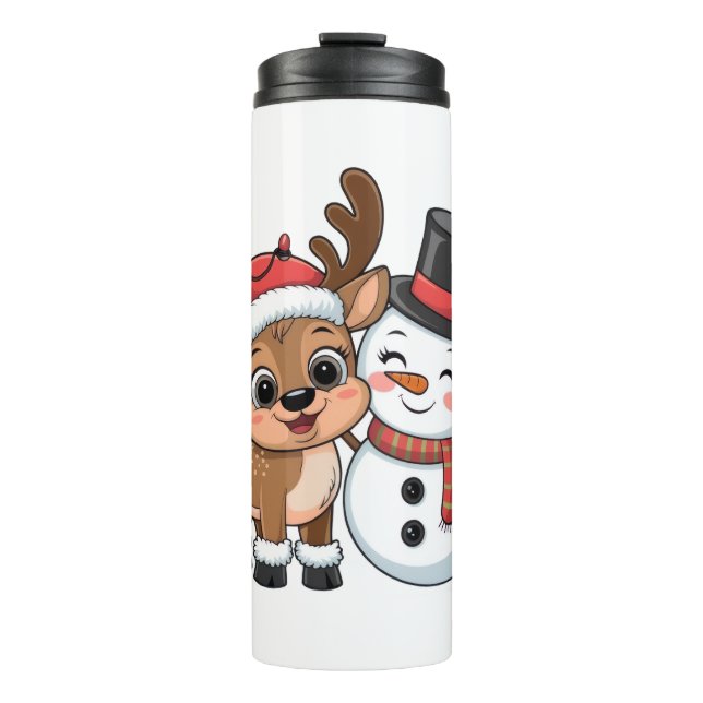 Garrafa Térmica Rena de Natal Fofa & Boneco de Neve (Frente)
