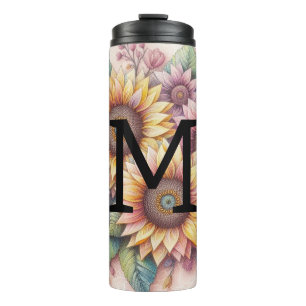 Garrafa Térmica Renda monograma floral rosa amarelo laranja girass