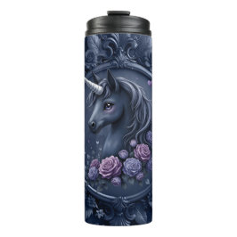 Garrafa Térmica Retrato de Unicórnio Escuro em um Quadro Redondo