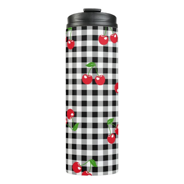 Garrafa Térmica Retro Cherry Gingham Cute Red & Black Checked (Frente)