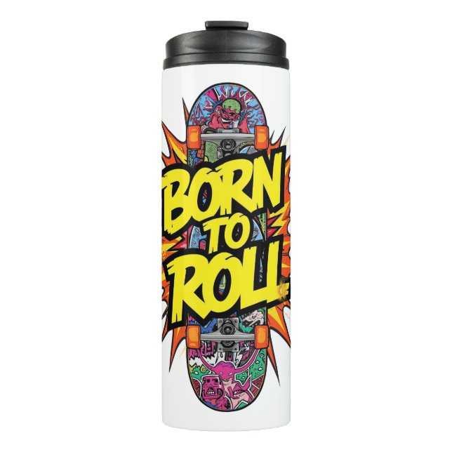 Garrafa Térmica Retro Comic Style "Born to Roll" Skater (Frente)