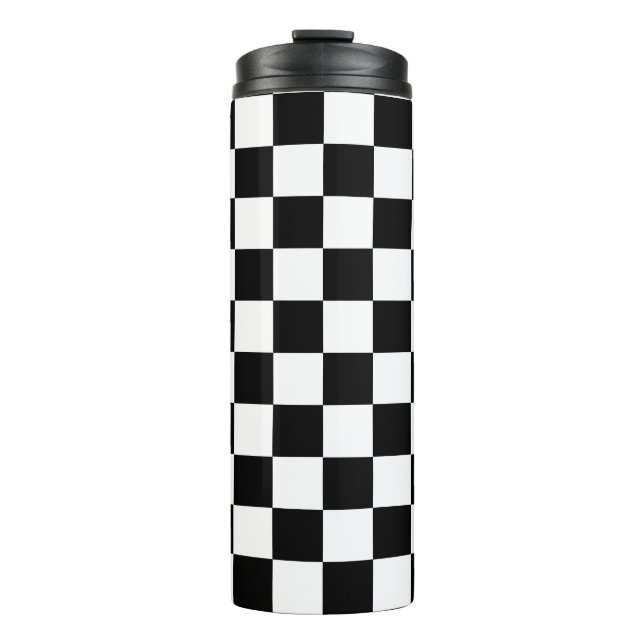 Garrafa Térmica Retro de Xadrez em Preto e Branco (Frente)