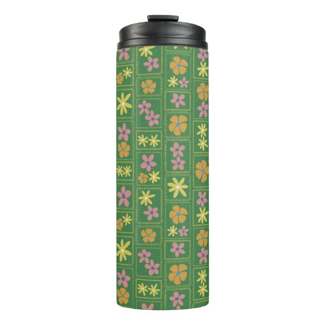 Garrafa Térmica Retro Floral Xadrez Verde (Frente)
