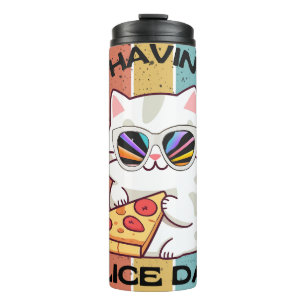 Garrafa Térmica Retro Kawaii gato giro comendo pizza