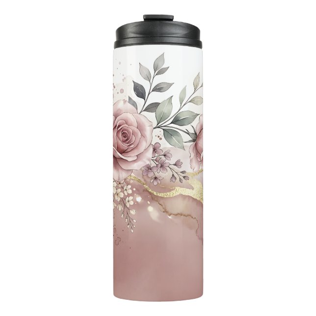 Garrafa Térmica Rosa Bege Floral Dourado (Frente)