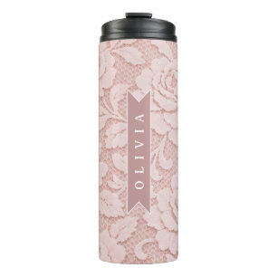 Garrafa Térmica Rosa Bege Personalizado com Renda Floral Romântica
