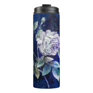 Garrafa Térmica Rosa Branca em Fundo Azul-Marinho Texturizado